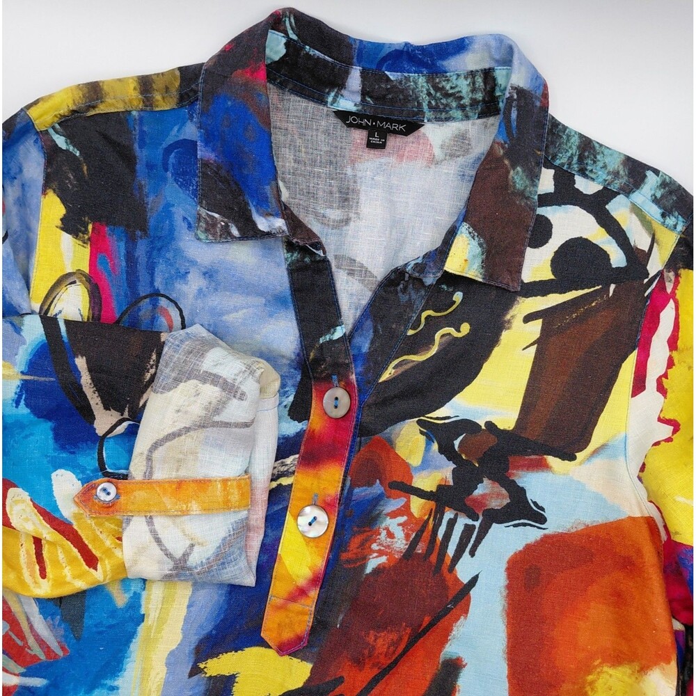 John Mark Linen Abstract Print Henley Tunic Women's Large Artsy Roll Tab Sleeves
